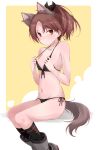  1girl animal_ears bikini black_bikini black_legwear blush brown_eyes brown_hair cat_ears cat_tail collarbone commentary_request eyebrows_visible_through_hair fake_animal_ears flat_chest groin kantai_collection kneehighs navel ponytail remodel_(kantai_collection) shikinami_(kantai_collection) short_hair solo swimsuit tail yumesato_makura 