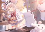  1girl animal animal_ears book bow bowl bowtie chef_hat chocolate commentary_request granblue_fantasy hair_ornament hairclip hat highres holding holding_bowl kitchen medium_hair midriff mouse mouse_ears navel open_mouth rat_ears red_eyes shirt silver_hair spatula ukiwakisen valentine vikala_(granblue_fantasy) white_shirt 