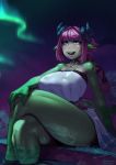  animal_humanoid big_breasts bikupan blue_eyes breasts dragon dragon_humanoid female green_body green_skin hair hi_res horn horned_humanoid humanoid nina_(eigaka) open_mouth pink_hair solo wide_hips 