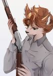  absurd_res anthro brown_hair canid canine canis clothed clothing domestic_dog gun hair hi_res holding_gun holding_object holding_weapon male mammal nukisan_wolf ranged_weapon rifle short_hair simple_background solo weapon white_background 