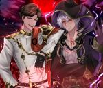  2boys aura belial_(granblue_fantasy) belt black_hair brown_hair cape crossover dark_aura dark_persona evil_grin evil_smile fire_emblem fire_emblem_awakening fire_emblem_heroes gloves granblue_fantasy grima_(fire_emblem) grin long_sleeves looking_at_viewer male_focus mionachan multiple_boys open_mouth red_eyes robin_(fire_emblem) seiyuu_connection short_hair smile white_hair 