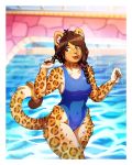  border brown_eyes brown_hair clothing detailed_background felid feline female hair hi_res jaguar kitzy_(character) looking_at_viewer luxarts mammal one-piece_swimsuit pantherine pool_(disambiguation) solo swimwear white_border 
