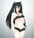  1girl bare_shoulders black_hair blush bra breasts choujigen_game_neptune cleavage closed_mouth collarbone curvy embarrassed eyebrows_visible_through_hair facing_to_the_side frown hair_between_eyes hand_on_hip hand_on_own_chest highres long_hair looking_at_viewer medium_breasts monochrome_background navel neptune_(series) no_panties noire red_eyes ribbon simple_background solo thighs tridisart twintails underboob underwear unzipped wide_hips 
