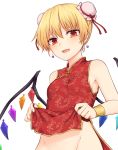  1girl :d alternate_costume alternate_hairstyle bangs bare_arms bare_shoulders blonde_hair bracelet breasts bun_cover china_dress chinese_clothes commentary_request crystal double_bun dress dress_lift earrings flandre_scarlet groin hair_between_eyes jewelry lifted_by_self looking_at_viewer miyo_(ranthath) open_mouth out-of-frame_censoring red_dress red_eyes short_dress short_hair simple_background sleeveless sleeveless_dress small_breasts smile solo touhou upper_body white_background wings 