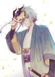  1boy absurdres blue_eyes chinese_clothes csyko fate/grand_order fate_(series) gao_changgong_(fate) grey_hair hair_between_eyes hanfu highres holding holding_mask holding_sword holding_weapon horned_mask looking_at_viewer male_focus mask removing_mask silver_hair solo sword weapon 