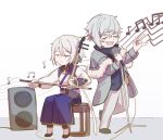  2boys chibi chinese_clothes closed_eyes csyko erhu fang fate/grand_order fate_(series) gao_changgong_(fate) grey_hair hair_between_eyes instrument kadoc_zemlupus male_focus microphone multiple_boys music no_mask playing_instrument silver_hair singing sitting turtleneck wavy_hair 