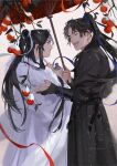  2boys absurdres black_gloves black_hair black_hanfu blue_ribbon blurry blurry_foreground bottle branch chinese_clothes chu_wanning closed_eyes cowboy_shot depth_of_field dimple english_commentary erha_he_tadebai_mao_shizun fangs food fruit fur_trim gloves hair_ribbon half_updo hand_on_another's_shoulder hanfu high_ponytail highres holding holding_bottle holding_umbrella lettch long_hair long_sleeves looking_at_another male_focus mo_ran multiple_boys oil-paper_umbrella partially_fingerless_gloves red_umbrella ribbon sash shared_umbrella sideburns single_glove snow snowing standing teeth tongue tongue_out twitter_username umbrella upper_teeth_only white_hanfu white_ribbon yellow_eyes 
