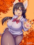  2019 anthro big_breasts black_hair black_nose breasts canid canine female fox fur hair hi_res inner_ear_fluff leaf long_hair looking_at_viewer mammal mofumofumachine open_mouth pawpads ribbons smile solo tan_body tan_fur tuft 