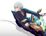  1boy adapted_object blue_eyes csyko fate/grand_order fate_(series) formal gao_changgong_(fate) grey_hair ground_vehicle hair_between_eyes highres male_focus motor_vehicle motorcycle necktie short_hair silver_hair solo suit 