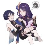  1boy 1girl alternate_eye_color animal_print armor bird_print black_bodysuit black_bridal_gauntlets black_eyes black_hair black_leggings black_shorts black_shrug blue_cape blue_gemstone blue_sleeves blunt_bangs bodysuit bridal_gauntlets cape carrying closed_mouth covered_collarbone cropped_legs flower furisode gem genshin_impact gold gold_ring hair_flower hair_intakes hair_ornament hime_cut japanese_armor japanese_clothes kimono kote kurokote layered_sleeves leg_warmers leggings looking_at_another mandarin_collar middle_ring mother_and_son nonons off_shoulder open_mouth parted_bangs pink_kimono princess_carry purple_hair raiden_shogun red_eyes red_ribbon ribbon scaramouche_(genshin_impact) short_sleeves shorts shoulder_peek shrug_(clothing) single_sode spoken_character sweatdrop tassel tassel_hair_ornament vision_(genshin_impact) wanderer_(genshin_impact) white_background white_leg_warmers white_mouth white_sleeves 