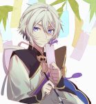  1boy bamboo blue_eyes chinese_clothes csyko fate/grand_order fate_(series) gao_changgong_(fate) grey_hair hair_between_eyes male_focus paintbrush silver_hair smile solo tanzaku 