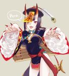  1girl braid chinese_clothes claws csyko fangs fate/grand_order fate_(series) hat jiangshi jiangshi_costume ofuda oni_horns purple_eyes purple_hair qing_guanmao short_hair shuten_douji_(fate/grand_order) skin-covered_horns solo 