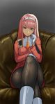  1girl breasts closed_mouth crossed_legs darling_in_the_franxx flasso green_eyes hairband highres horns long_hair looking_at_viewer pink_hair red_horns smile solo uniform white_hairband zero_two_(darling_in_the_franxx) 