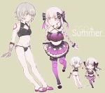  2girls alternate_costume arm_belt bandages bikini blue_eyes bow braid csyko doll_joints facial_scar fate/apocrypha fate/grand_order fate_(series) frilled_shirt frilled_skirt frills grey_hair hair_bow heart jack_the_ripper_(fate/apocrypha) midriff multiple_girls nursery_rhyme_(fate/extra) purple_eyes scar scar_on_cheek shirt short_hair skirt slippers swimsuit twin_braids white_hair 