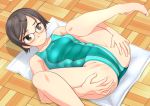  1girl aqua_swimsuit barefoot brown_hair competition_swimsuit green_eyes hair_ornament hairclip highres legs_up lying one-piece_swimsuit original red-framed_eyewear short_hair solo spread_legs swimsuit takafumi wooden_floor 