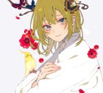  1boy androgynous bird blue_eyes bug butterfly closed_mouth enkidu_(fate/strange_fake) fate/strange_fake fate_(series) fingernails flower from_side green_hair highres insect looking_at_viewer looking_to_the_side parakeet red_flower satsuki_(miicat) smile solo white_robe 
