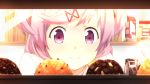  1105suwako 1girl close-up commentary cupcake doki_doki_literature_club eyebrows_visible_through_hair face food hair_ornament hairclip milk_carton natsuki_(doki_doki_literature_club) pink_eyes pink_hair shirt short_hair smile solo two_side_up white_shirt 