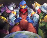  2020 absurd_res avian bird bottomwear bulge canid canine canis clothing eye_patch eyewear falco_lombardi fox fox_mccloud grin hi_res looking_down looming low-angle_view macro mammal mayar nintendo pants planet satellite smile space star_fox video_games wolf wolf_o&#039;donnell 