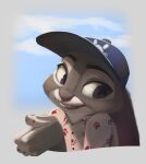 2025 4_fingers anthro bust_portrait clothed clothing day disney eyebrows female fingers fur grey_body grey_fur hat headgear headwear hi_res judy_hopps lagomorph leporid long_ears mammal multicolored_body multicolored_fur outside portrait purple_eyes rabbit shirt signature solo teeth thehumancopier topwear two_tone_body two_tone_fur zootopia