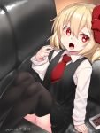  1girl araki_(qbthgry) arm_support black_legwear black_skirt blonde_hair blouse bow candy chair chocolate chocolate_heart eating food hair_bow hair_ribbon heart leaning_back long_sleeves looking_at_viewer necktie open_mouth red_bow red_eyes red_neckwear ribbon rumia short_hair sitting skirt skirt_set thighhighs touhou vest white_blouse wing_collar 