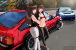  2girls absurdres ass black_legwear blue_eyes breasts brown_hair car collarbone double_bun dress fuxi ground_vehicle hair_bun highres honkai_(series) honkai_impact_3rd leggings long_hair looking_at_viewer motor_vehicle multiple_girls nuwa o-ring o-ring_top open_mouth outdoors pants pantylines pointing racing red_bikini_top red_eyes shoes siblings small_breasts snake sneakers thighs torofu twins white_legwear 