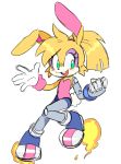  8xenon8_(artist) anthro archie_comics blonde_hair bunnie_rabbot clothing cybernetics female fur gloves green_eyes hair handwear lagomorph leporid machine mammal rabbit simple_background smile solo sonic_the_hedgehog_(archie) sonic_the_hedgehog_(comics) sonic_the_hedgehog_(series) white_background white_body white_fur yellow_body yellow_fur 