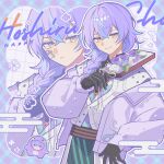  1boy :> black_gloves blue_background blue_hair blue_jacket border braid character_name commentary_request egasumi facial_tattoo frown gloves green_pants grid_background hagoita highres holding holding_paddle hoshirube_sho jacket long_hair looking_at_viewer male_focus nijisanji outline paddle pants plaid_background purple_background purple_hair purple_jacket shirt solo striped_clothes striped_pants tattoo upper_body virtual_youtuber waka_(wk4444) white_background white_shirt zoom_layer 