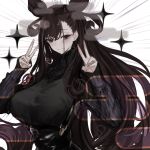  1girl bangs black_hair blush breasts double_bun double_v eyebrows_visible_through_hair fate/grand_order fate_(series) frown highres long_hair looking_at_viewer murasaki_shikibu_(fate) naruwe purple_eyes simple_background sleeves_past_wrists solo v very_long_hair white_background 