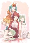  4girls aqua_hair arms_behind_back belt blue_thighhighs blunt_bangs bow_hairband breasts brown_eyes brown_hair brown_pants cabbie_hat camisole closed_mouth collared_shirt dress expressionless full_body green_eyes green_hair hairband half-closed_eyes hand_on_another's_hand hand_on_another's_head hat head_tilt highres horizontal-striped_thighhighs jacket jacket_on_shoulders lap_pillow leaning_forward leaning_on_person looking_at_another looking_at_viewer lying medium_breasts medium_hair monogatari_(series) multiple_girls nademonogatari nek0n0_o official_alternate_costume official_alternate_hair_color official_alternate_hair_length official_alternate_hairstyle on_side ononoki_yotsugi orange_dress pants parted_bangs parted_lips puffy_short_sleeves puffy_shorts puffy_sleeves red_belt red_hat red_jacket seiza sengoku_nadeko shirt short_hair short_sleeves shorts sitting sleeping small_breasts smile standing straight_hair striped_clothes striped_thighhighs thighhighs twintails upper_body very_short_hair white_camisole white_hairband white_shirt white_shorts yokozuwari 