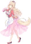  1girl animal_ears blonde_hair breasts cat_ears cat_tail chestnut_mouth cleavage full_body green_eyes highres jewelry large_breasts long_hair long_sleeves looking_at_viewer necklace nekopara non-web_source official_art photoshop_(medium) pink_skirt pointy_footwear red_footwear sayori_(neko_works) see-through_clothes simple_background skirt slit_pupils solo standing tail white_background 