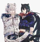  2boys animal_ears animal_print black_hair blue_eyes cat_ears cat_tail collar cropped_jacket csyko fate/grand_order fate_(series) fingerless_gloves gao_changgong_(fate) gloves grey_hair hair_between_eyes kemonomimi_mode leash leopard_ears leopard_print leopard_tail long_hair male_focus multiple_boys panther_ears panther_tail ponytail silver_hair snow_leopard tail very_long_hair yan_qing_(fate/grand_order) 