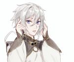  1boy blue_eyes chinese_clothes csyko eyewear_removed fate/grand_order fate_(series) gao_changgong_(fate) grey_hair hair_between_eyes holding male_focus short_hair silver_hair solo 