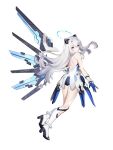  1girl absurdres animal_ear_hairband animal_ears ass backless_leotard backless_outfit bare_legs blue_eyes blue_leotard boots cat_ear_hairband cat_ears clothing_cutout crescent_halo dress eversoul fake_animal_ears floating floating_hair from_behind full_body game_cg glitched_halo hair_between_eyes hair_ornament hairband halo high_heels highres knee_boots leotard light_blush light_smile long_hair looking_back mechanical_wings mephistopheles_(dawn)_(eversoul) mephistopheles_(eversoul) official_alternate_costume official_alternate_hairstyle official_art single_mechanical_wing single_wing sleeveless smile solo tachi-e transparent_background white_dress white_footwear white_hair wings 