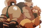  2020 belly blush brown_body brown_fur bulge butt canid canine canis domestic_dog dosanco15 felid fur hand_holding hi_res humanoid_hands kemono lion lying male male/male mammal overweight overweight_male pantherine ross_(rossciaco) scar simple_background sumo tokyo_afterschool_summoners video_games white_background yasuyori 
