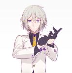 1boy adjusting_clothes adjusting_gloves blue_eyes csyko fate/grand_order fate_(series) formal gao_changgong_(fate) gloves grey_hair hair_between_eyes half_gloves highres male_focus necktie no_mask short_hair silver_hair solo suit upper_body 