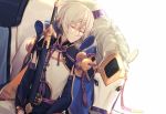  1boy chinese_clothes closed_eyes csyko fate/grand_order fate_(series) gao_changgong_(fate) grey_hair hair_between_eyes highres horse male_focus no_mask sheath sheathed silver_hair sleeping smile solo sword weapon 