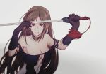  1girl breasts brown_hair cleavage consort_yu_(fate) crying csyko cutting_hair earrings fate/grand_order fate_(series) highres holding holding_sword holding_weapon jewelry jian_(weapon) long_hair looking_at_viewer red_eyes solo sword tears underboob very_long_hair weapon 