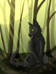  3:4 black_body black_fur domestic_cat felid feline felis female feral forest fur green_eyes hi_res hollyleaf_(warriors) mammal open_mouth outside palemoonwendigo shy sitting solo tree warriors_(cats) 