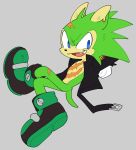  8xenon8_(artist) anthro archie_comics blue_eyes clothing eulipotyphlan footwear fur gloves green_body green_fur grey_background handwear hedgehog hi_res jacket male mammal scar scourge_the_hedgehog shoes simple_background sitting smile solo sonic_the_hedgehog_(archie) sonic_the_hedgehog_(comics) sonic_the_hedgehog_(series) topwear 