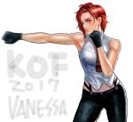  1girl breasts closed_mouth commentary gloves highres k.c lipstick looking_at_viewer makeup midriff necktie red_eyes red_hair short_hair simple_background sleeveless solo the_king_of_fighters vanessa_(king_of_fighters) white_background 