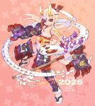  1girl chinese_zodiac eyepatch full_body gauntlets high_ponytail holding holding_staff long_hair nakayama_tooru nontraditional_miko original simple_background snake solo staff tunic white_hair white_tunic year_of_the_snake 