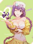  1girl bare_shoulders baseball_cap bb_(fate)_(all) bb_(fate/extra_ccc) bb_(swimsuit_mooncancer)_(fate) breasts cleavage csyko fate/grand_order fate_(series) hat jacket large_breasts long_hair looking_at_viewer off_shoulder one_eye_closed purple_eyes purple_hair sideways_hat skirt solo very_long_hair yellow_jacket yellow_skirt 