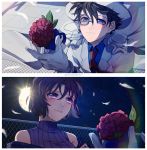  1boy 1girl blue_eyes blue_shirt blush brown_hair closed_mouth collared_shirt crying feathers flower full_moon gloves hat holding holding_flower jacket kaitou_kid meitantei_conan miyano_shiho monicanc monocle moon necktie night outdoors purple_eyes purple_vest red_flower red_neckwear red_rose ribbed_sweater rose shirt short_hair sky smile split_screen star_(sky) starry_sky sweater tears turtleneck turtleneck_sweater upper_body vest white_gloves white_headwear white_jacket wing_collar 