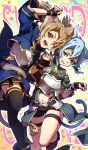  2girls :d ;d absurdres animal_ears armor black_footwear black_ribbon black_shorts black_skirt black_thighhighs blue_eyes blue_hair blue_jacket boots bracelet breastplate brown_hair cat_ears cat_girl cat_tail copyright_name hair_ribbon highres holding_hands jacket jewelry long_sleeves midriff miniskirt multiple_girls navel oboro_neko one_eye_closed open_mouth outline pleated_skirt red_eyes ribbon short_hair short_hair_with_long_locks short_shorts shorts sidelocks silica silica_(sao-alo) sinon sinon_(sao-alo) skirt smile stomach sword_art_online tail thigh_gap thigh_strap thighhighs white_outline zettai_ryouiki 