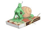  2013 breasts eyestalks female gastropod green_hair hair hi_res long_hair match materclaws mollusk navel shell simple_background slime snail solo transformation white_background 