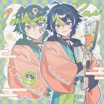  1boy black_hair blue_background border character_name commentary_request facial_tattoo frown green_background green_hair green_kimono grid_background grin hagoita highres holding holding_paddle inami_rai jacket japanese_clothes kimono light_bulb long_sleeves looking_at_viewer male_focus multicolored_hair nijisanji orange_jacket outline paddle plaid_background red_eyes smile solo streaked_hair tattoo upper_body virtual_youtuber waka_(wk4444) white_background zoom_layer 