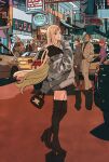 2girls 6+boys bag black_footwear blonde_hair blue_eyes boots brown_hair car commentary_request earrings emerelda_zubin eyeshadow full_body gawman_nobile gigi_andalusia gundam gundam_hathaway&#039;s_flash hands_in_pockets hathaway_noa high_heel_boots high_heels highres holding holding_bag iram_masam jacket jewelry kenneth_sleg lane_aim long_hair looking_at_viewer makeup motor_vehicle multiple_boys multiple_girls outdoors profile raymond_cain short_hair takeuchi_ryousuke thigh_boots 