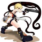  1girl absurdres ahoge arm_cuffs asymmetrical_legwear black_footwear black_gloves blonde_hair boots breasts brown_legwear choker crop_top cursive dual_wielding eyebrows_visible_through_hair fingerless_gloves gloves gun hair_ornament hairclip handgun hellsing highres holding hololive kneehighs lunch_boxer medium_breasts midriff orange_eyes pistol short_hair short_shorts shorts simple_background solo thigh_strap thighhighs thighs virtual_youtuber weapon white_background winged_footwear yozora_mel 