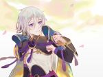  1boy blue_eyes chinese_clothes csyko fate/grand_order fate_(series) gao_changgong_(fate) grey_hair hair_between_eyes male_focus no_mask parted_lips petals short_hair silver_hair smile solo 