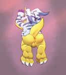  3_toes anus backsack balls blush bodily_fluids butt claws digimon digimon_(species) gabumon genitals hi_res horn looking_at_viewer lying male on_front rad-lizer solo sweat toes 